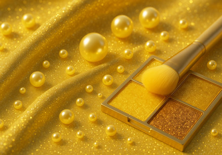 Golden eyeshadow palette with brush and pearls on silk backgroundの素材