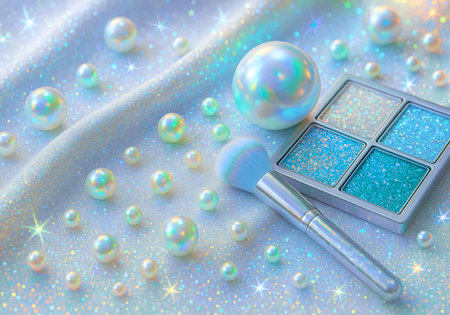 eyeshadow palette and pearls on a background of blue silkの素材