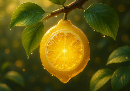 Lemon on a branch with leaves and drops of water after the rainの素材
