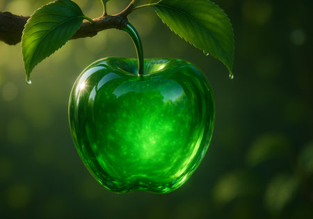 Green apple with water drops on a green background. 3d renderingの素材