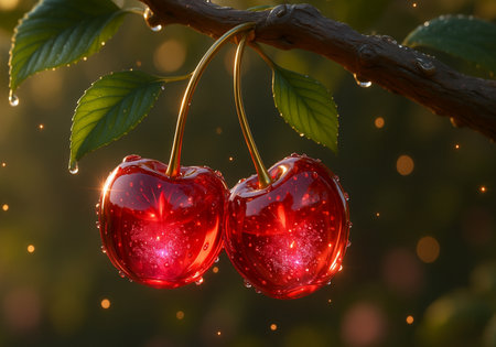 Two red cherries on a tree branch with water drops in the sunlightの素材