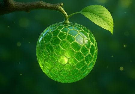 Green fruit on the tree. 3d illustration. Green background.の素材