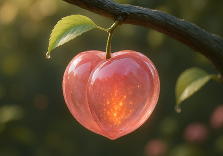 Red heart on a tree branch with green leaves and dew dropsの素材