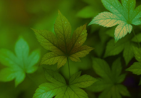 Green leaves with raindrops on a blurred background. Natural background.の素材