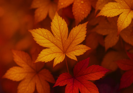 Autumn leaves background. Colorful maple leaves with dew dropsの素材