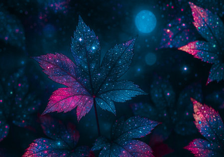 Beautiful neon leaves on a dark background with bokeh.の素材