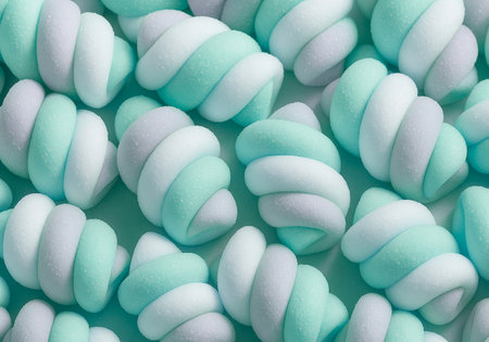 Blue and white marshmallows on turquoise background. Top view.の素材