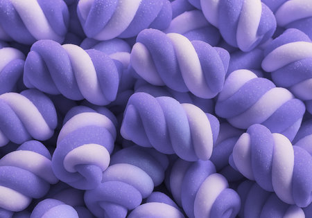 Close-up of white and purple marshmallows in a rowの素材
