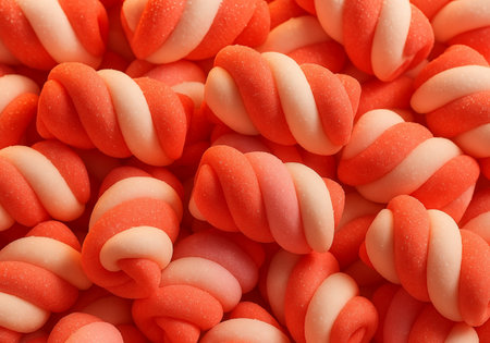 Close up of red and white gummy candies as background.の素材