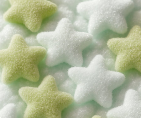 close up of a pile of white and green star shaped foam soapの素材