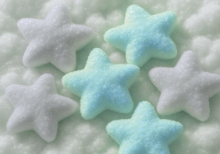 Christmas stars on white snow background with copy space. Close up.の素材