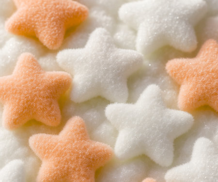 Background of white and orange star shaped sugar cookies. Macro shot.の素材