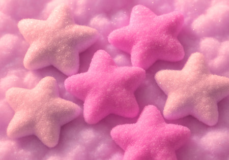 Colorful star shaped sprinkles on pink background, top view.の素材
