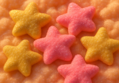Colorful star shape cookies on a yellow background. Close up.の素材
