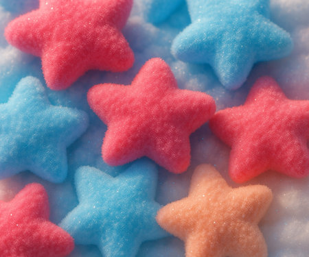 Colorful candy stars on a white background. Close-up.の素材