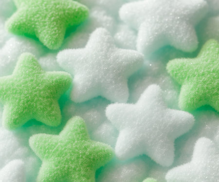 Close up of green and white star shaped suds as a backgroundの素材