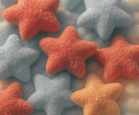 Colorful star shaped cookies close up. Shallow depth of field. Toned.の素材