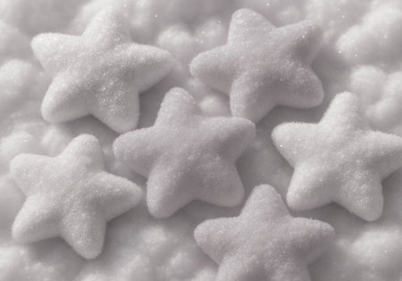 Close up of white star shaped snowflakes. Christmas background.の素材
