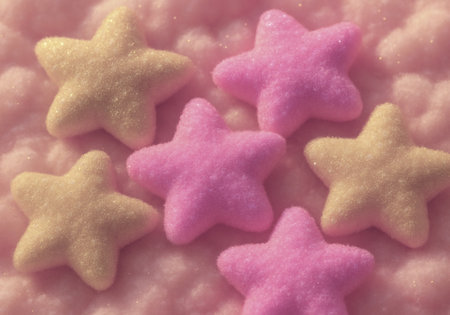 Colorful star shaped sugar cookies on pink background. Selective focus. Toned.の素材