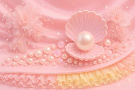 Pink background with pearls and seashells. 3d renderingの素材