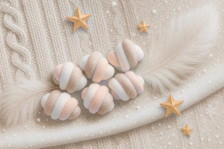 Christmas background with white marshmallows, stars and feathers on knitted background.の素材