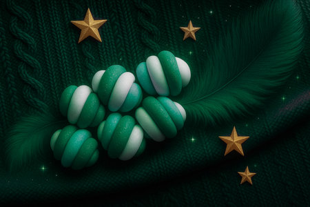 Christmas baubles on green knitted background. 3D renderingの素材