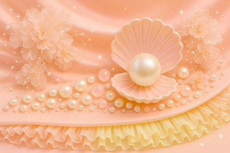 Pearl and seashells on pink silk background with pearlsの素材