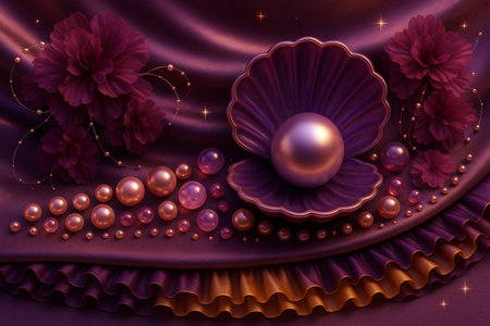 3D illustration of a purple background with pearls and chrysanthemumsの素材