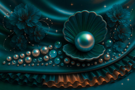 3D Illustration of an abstract background with pearls and flowersの素材