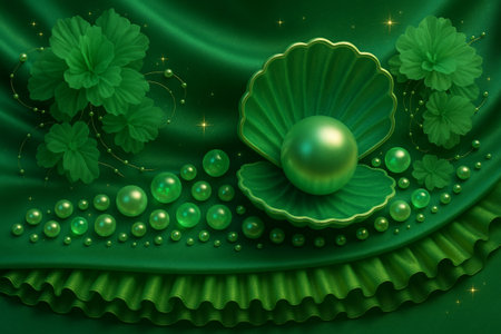 Green background with pearls and pearls. 3D illustration.の素材