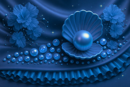 3D illustration of a blue background with pearls and flowers.の素材