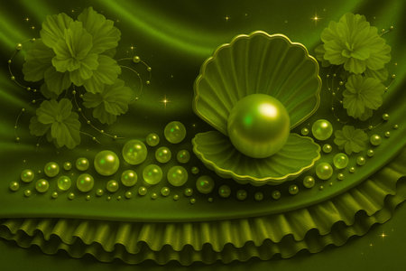Pearl shell and pearls on a green background, 3d renderの素材
