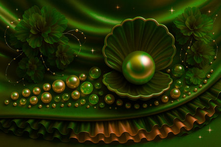 3D illustration of a green background with pearls and flowers.の素材