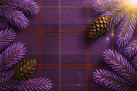 Purple Christmas background with fir branches, cones and plaid.の素材