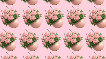 Seamless pattern with Easter eggs and pink roses on a pink backgroundの素材