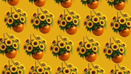 Seamless pattern with sunflowers and tomatoes on a yellow background.の素材