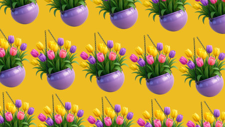 Seamless pattern with tulips in pots on yellow background.の素材