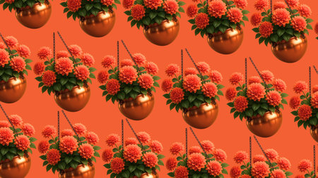 Seamless pattern with red flowers in copper pots on orange backgroundの素材