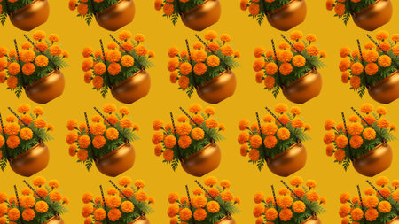 Seamless pattern with marigold flowers in vases on yellow background.の素材