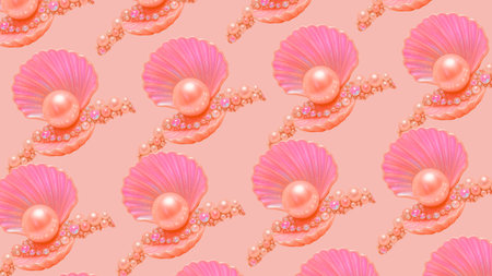 Seamless pattern with pink seashells and pearls.の素材