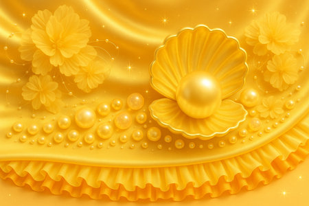 Pearls and seashells on yellow background. 3d illustrationの素材