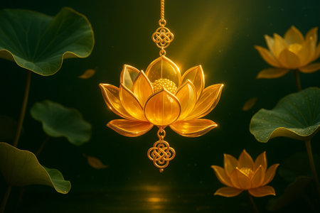 Golden Lotus flower and gold pendant on dark background with bokeh.の素材