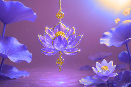 Purple lotus flower with golden earrings. 3D renderingの素材
