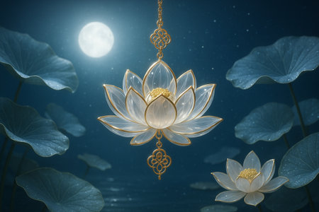 Lotus flower and moon in the night. 3D rendering.の素材