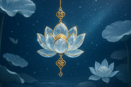 3d rendering of lotus flower and golden necklace on blue backgroundの素材