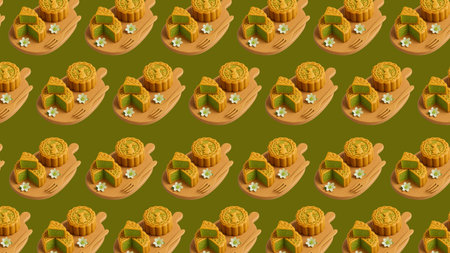 Seamless pattern with traditional chinese mooncakes on green backgroundの素材