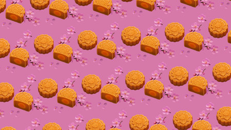 Seamless pattern with moon cakes and cherry blossoms on pink backgroundの素材
