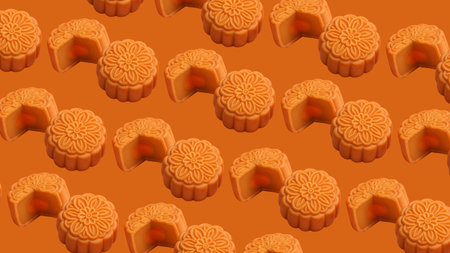 Moon cakes pattern on orange background. Seamless pattern with moon cakes.の素材