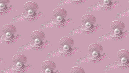 Seamless pattern of pearls and shells on a pink backgroundの素材