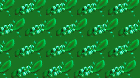 Seamless pattern with green leaves and stars on a green background.の素材